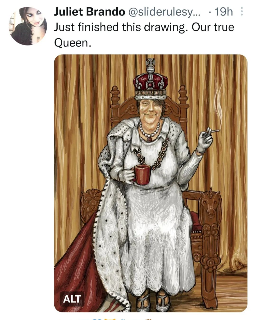 This one's been doing numbers on Twitter. Our true Queen. 

#kathyburke #Queen #iamsmokingafag #art #artistsoninstagram #artwork #artofinstagram #julietbrando